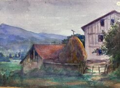 1930's French Impressionist Red Roof Farm Cottage Watercolour Landscape