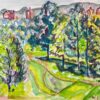 Vibrant Watercolor Landscape of a Sunlit Forest and Rolling Hills
