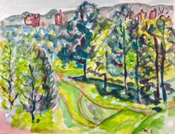 Vibrant Watercolor Landscape of a Sunlit Forest and Rolling Hills