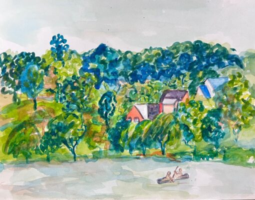 Bright Idyllic Watercolor Landscape of a Lakeside Village with Canoeists