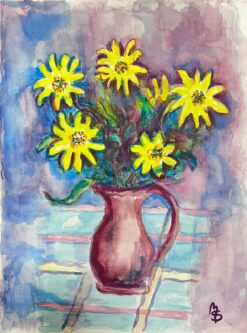 Bright Sunflowers In Pink Jug Still Life Watercolour Painting Parisian School