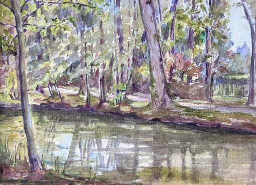 French Impressionist Watercolour Painting River Bank Tree Reflection