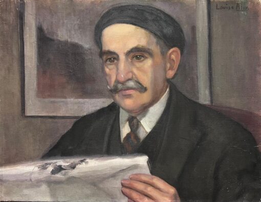 1930's French Portrait Man with Moustache Reading Paper Signed Oil Painting