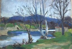 1930's French Impressionist River Bank Bare Tree Landscape
