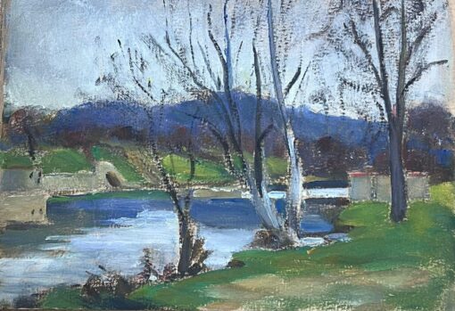 1930's French Impressionist River Bank Bare Tree Landscape