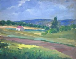 1930's French Oil Painting Red Roof House In Green Open Fields