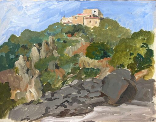 1930's Italian Hill Top Village Sun Scorched Landscape by Female French Artist