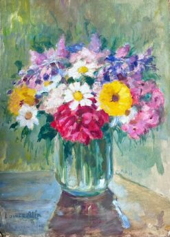 Vintage 1930's French Impressionist Still Life Flower Bunch In Clear Vase