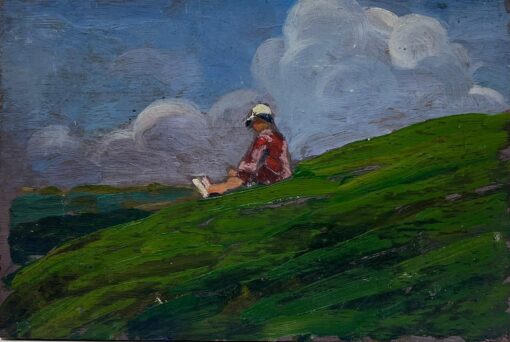 Mid 1900-1999 Oil Figure Sat On Green Hill Admiring The Blue Cloudy Sky
