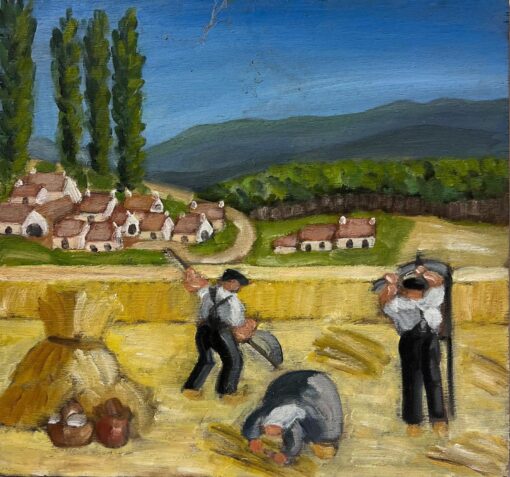 1930's French Post-Impressionist Oil Harvest Workers in Golden Wheat Fields