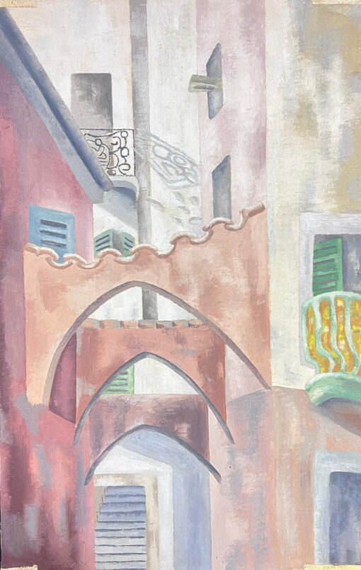 Mid 1900-1999 Architectural City Back Streets Modernist Cubist Oil Painting