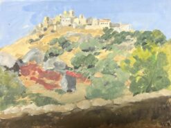 1930's French Village On Top Of Cliff Watercolour Landscape
