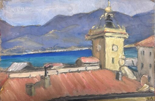 1940's French Impressionist Oil View over South of France Rooftops Sea View