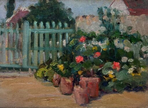 1940's French Impressionist Oil Painting Flowers in Cottage Garden