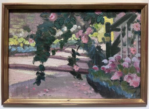 French Impressionist Oil Pink Rose Bush Over Step Pathway Landscape