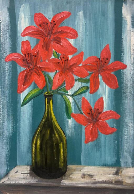 Mid 1900-1999 French Oil Painting Red Lilies In Green Glass Bottle Interior