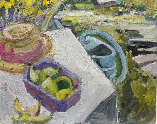 1930's French Impressionist Oil Summer Garden Table Pears and Straw Sun Hat