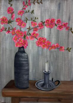 Mid 1900-1999 French Oil Painting Pink Stem Flower Interior Candle Stick