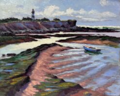 Contemporary French Impressionist Oil Normandy Beach Scene Lighthouse & Fishing