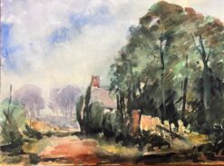 French Watercolour Landscape Village Town Path With Tall Green Trees