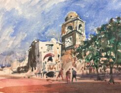 French Watercolour Landscape Clock Tower In a Quiet French Town