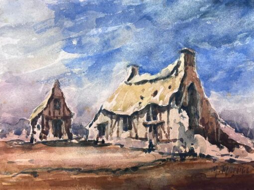 French Impressionist Watercolour Landscape Thatched Cottages