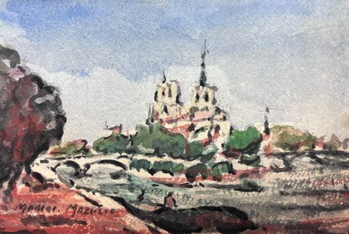 French Impressionist Watercolour Landscape Notre Damme Behind The River Seine