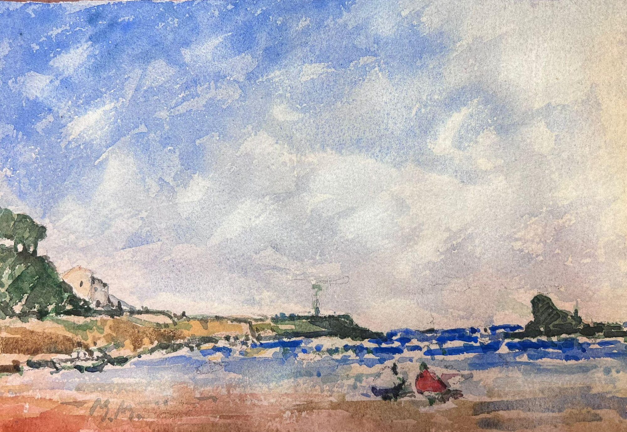 French Impressionist Watercolour Landscape Figures At The Beach