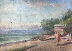 French Impressionist Oil Landscape Figures Walking Along The Beach