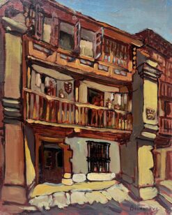 Contemporary French Impressionist Oil Red Town Building Maison Castiliane
