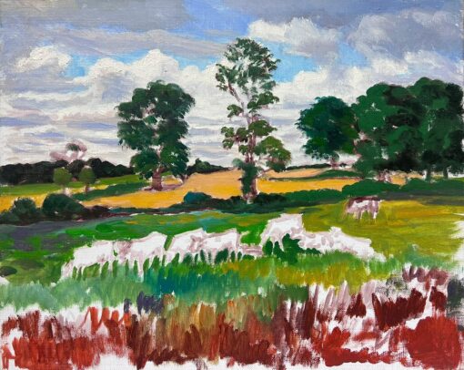 Contemporary French Impressionist Oil Pastoral Landscape Cattle Grazing Meadows