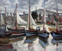 Honfleur Harbor with Boats 1970's French Impressionist Signed & dated Oil