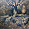 Contemporary French Impressionist Oil Midnight Winter Oak Tree Woodland Path