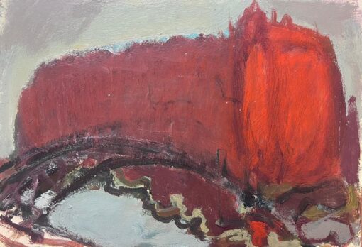 1900-1999 German Modernist Oil Painting Brown Bridge In Red Sky