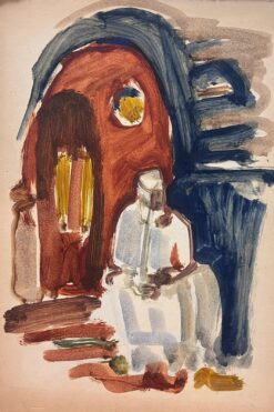 1900-1999 German Modernist Oil Painting Figure Sat On Door Steps