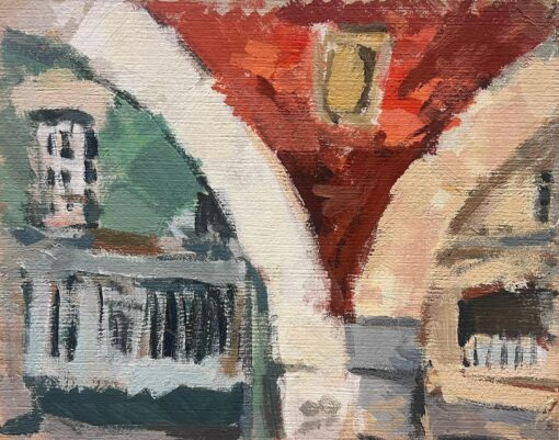 1900-1999 German Modernist Oil Painting Town Brick Arch Ways