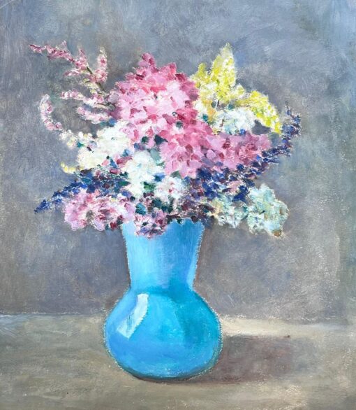 Vintage 1930's French Impressionist Still Life Flower Bunch In Blue Vase