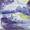 Rowing Boat On Sunset Purple Lake Watercolour