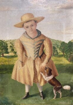 Mid 1800-1899 American Folk Art Portrait of Child with Dog in Landscape, Oil