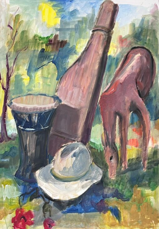 French Modernist Painting Collection Horse Munching In Busy Summer Field