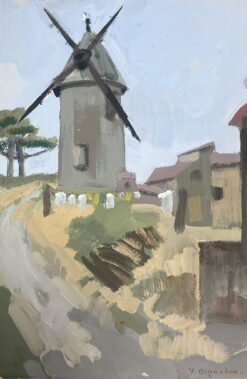 1930's French Gouache Landscape Grey Windmill Up The Track