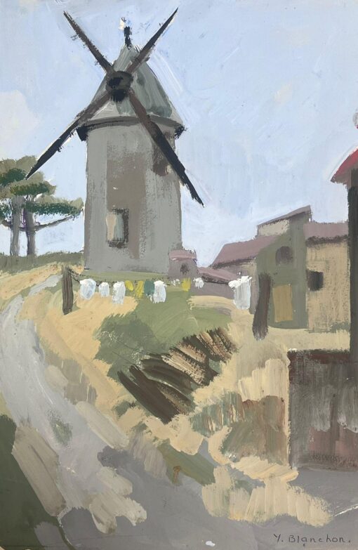 1930's French Gouache Landscape Grey Windmill Up The Track