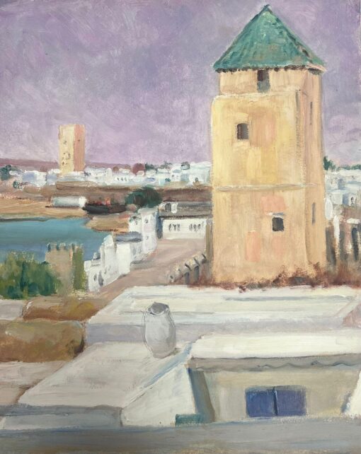 1930's Gouache Tall Beige Stone Tower In French Town Landscape