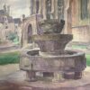 1930's French Watercolour Brown Water Well Church VIllage Landscape