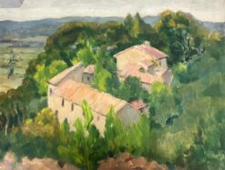 1930's French Oil Painting Chateau in The Summer Green Tree Landscape