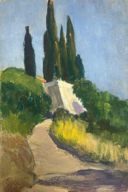 1930's French Gouache Landscape Pathway Leading Up To Provence White Chateau