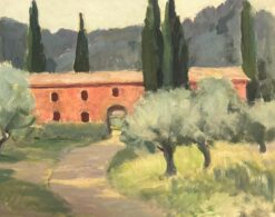 1930s French Gouache Red Arch Building In Provence Tree Landscape, Cypress Trees