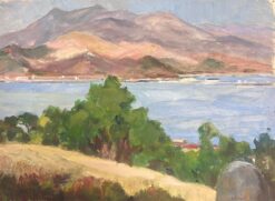 1930's French Oil Painting Purple Mountains Over Blue Sea Landscape