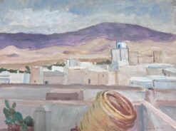 1930's French Impressionist Gouache White Buildings In Sandy Mountain Landscape