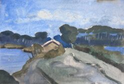 1930's French Impressionist Gouache Cottage By The River Bank